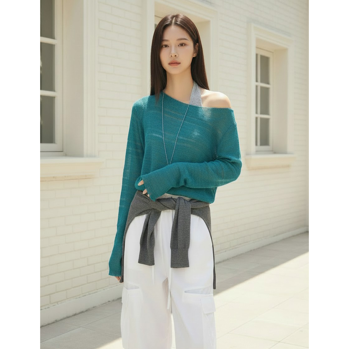 스카이 시스루 보트넥 레이어드 니트