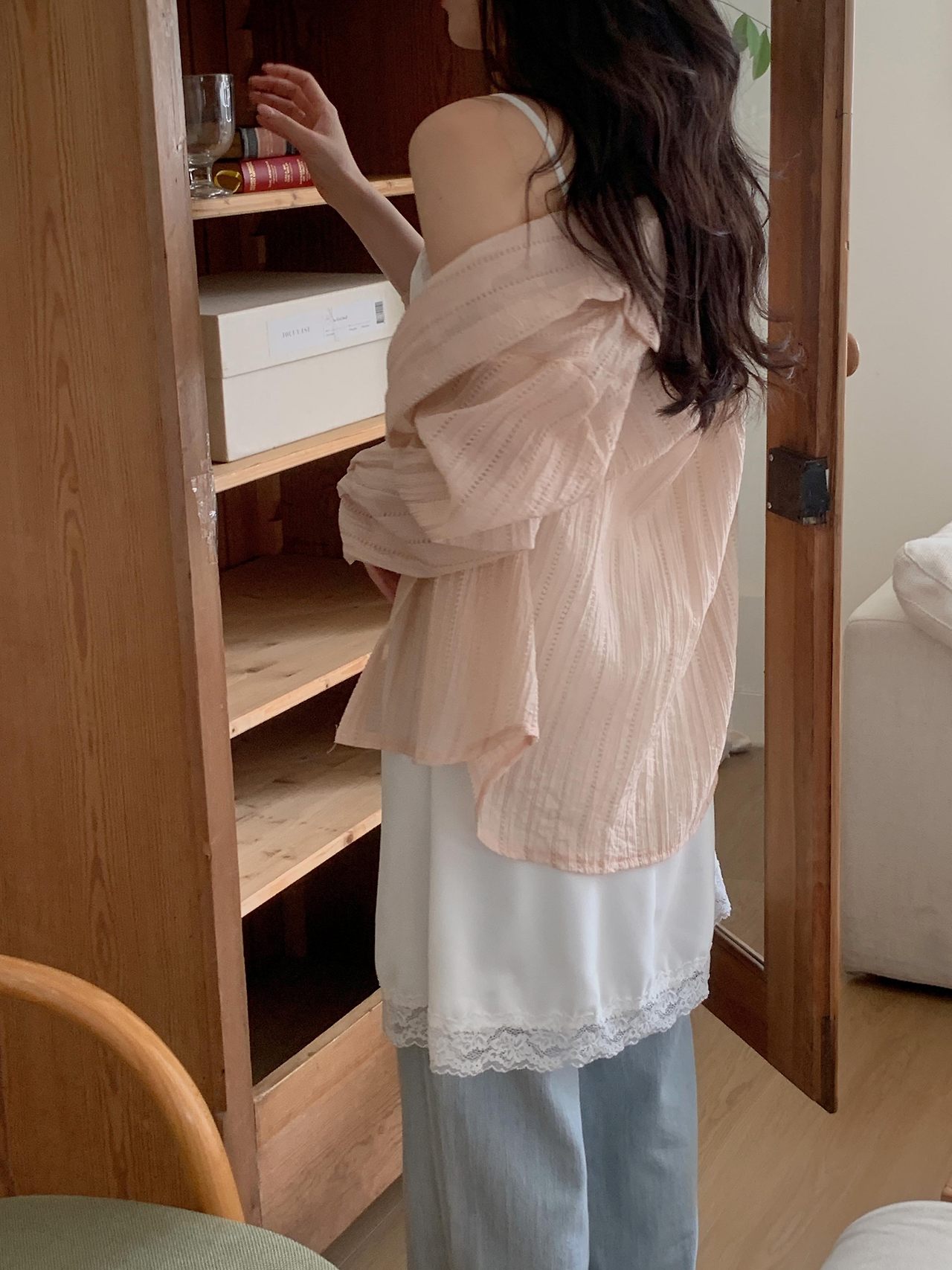 포모 여름 긴팔 시스루 펀칭 루즈핏 셔츠 살안타템