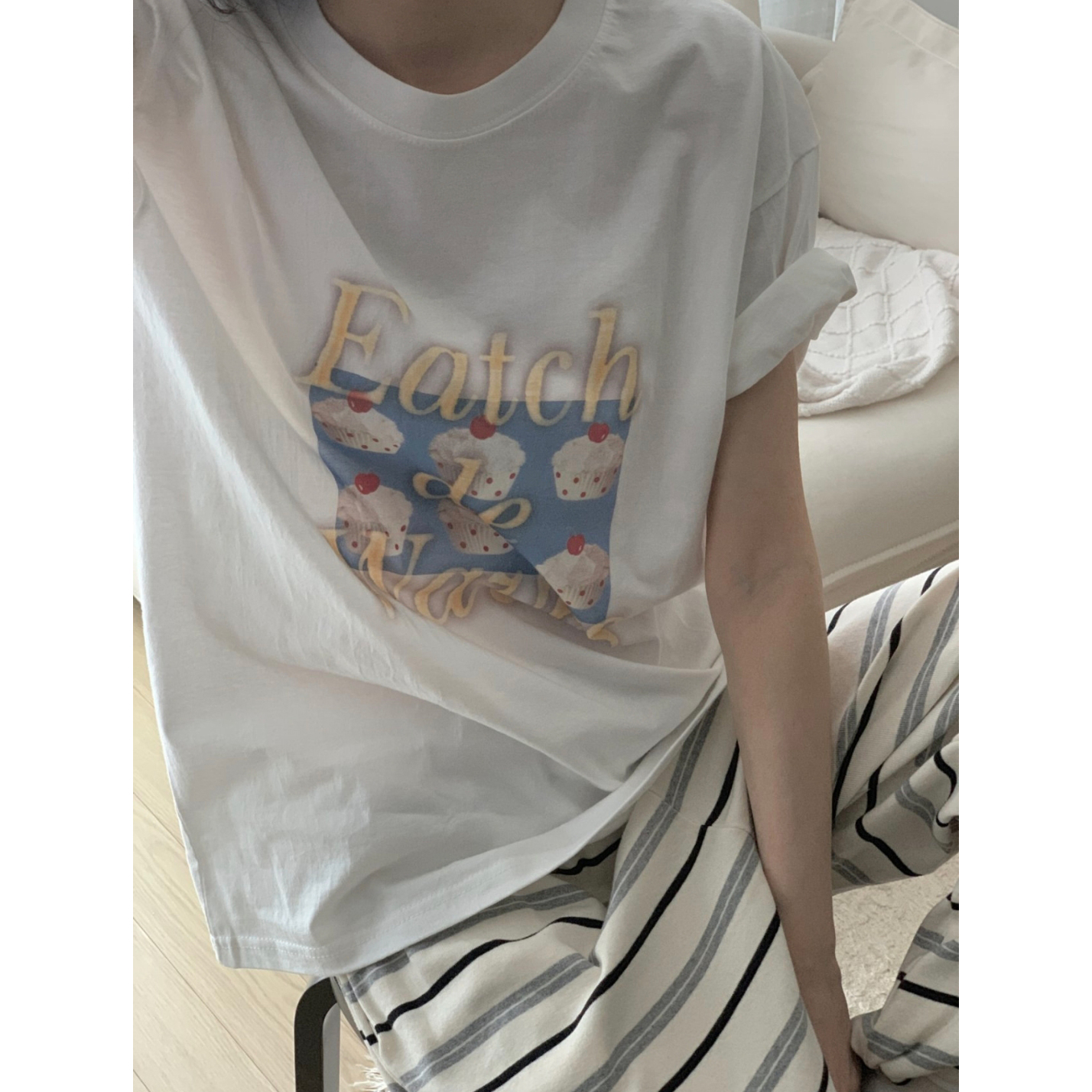 컵케이크 포토 나염 반팔 루즈핏 박스티