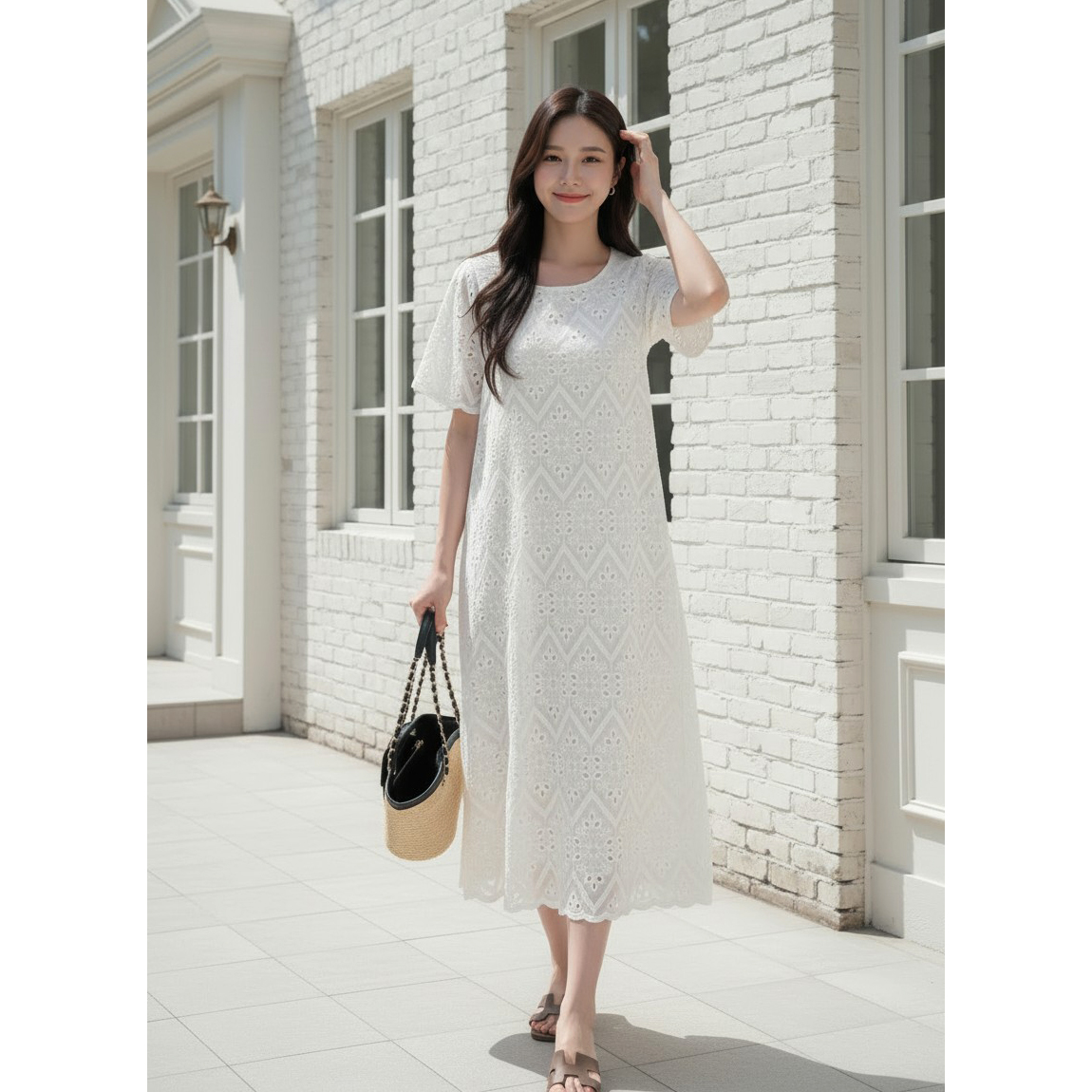 에이미 에이라인 반팔 코튼 펀칭 원피스