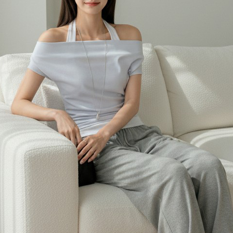 모리 홀터 나시 레이어드 셔링 오프숄더 티셔츠