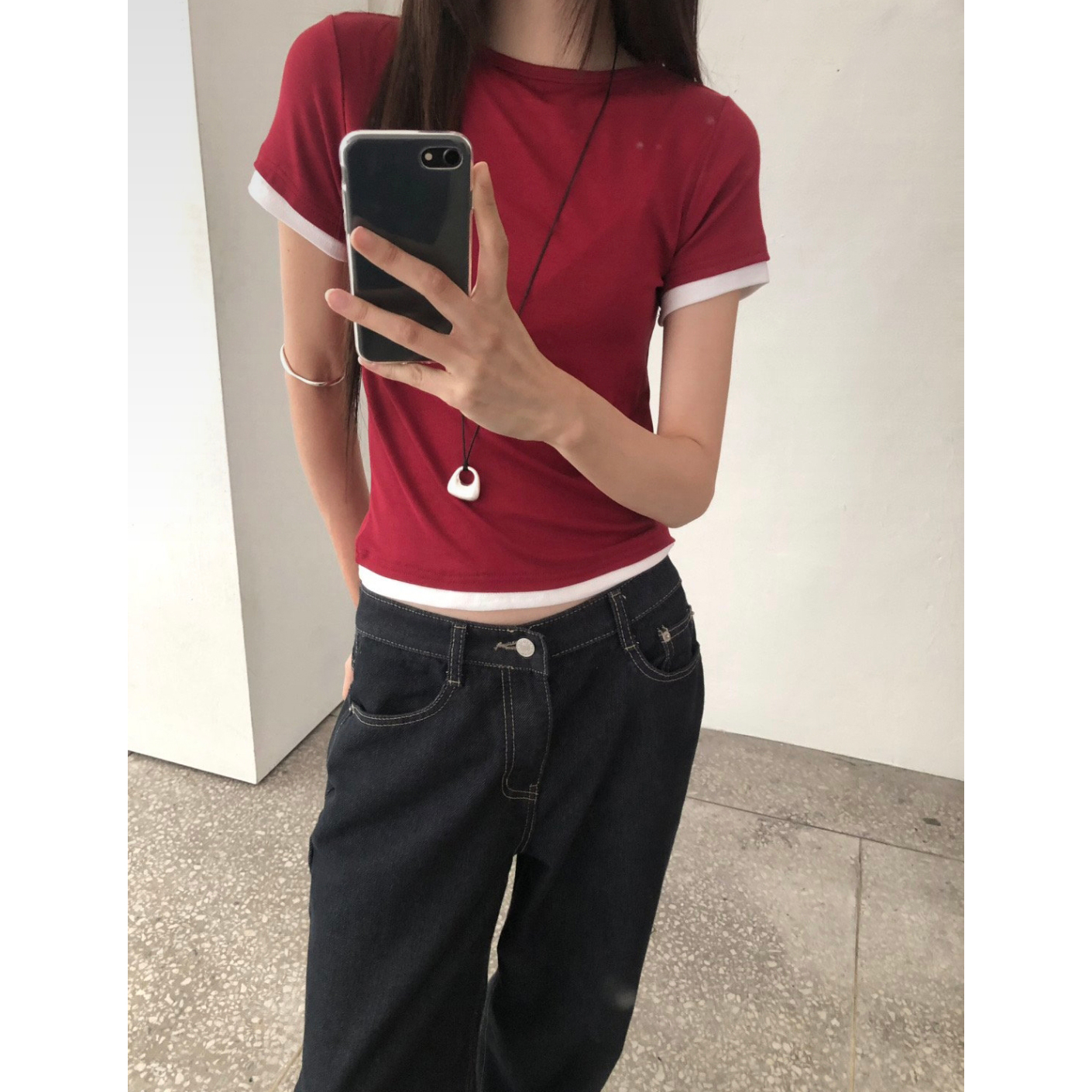 블랏 레이어드 스타일 배색 슬림핏 반팔 스판 티셔츠