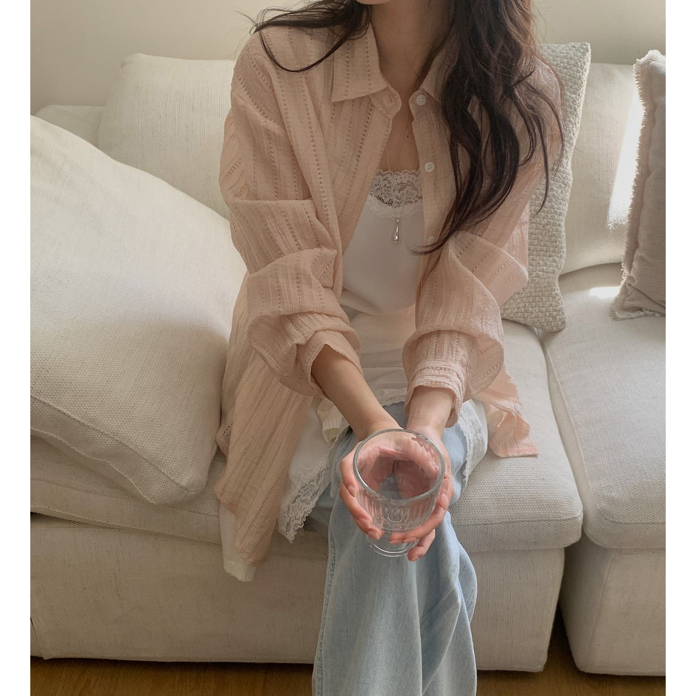 포모 여름 긴팔 시스루 펀칭 루즈핏 셔츠 살안타템