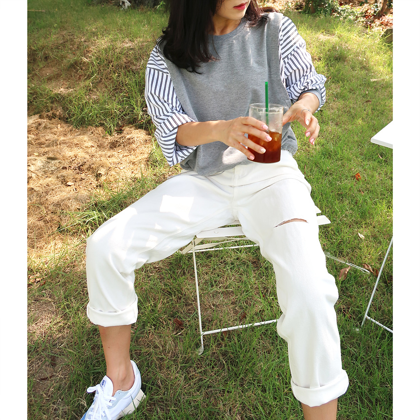 바로발송 하이웨이스트 배기핏 화이트 찢청 데님 청바지