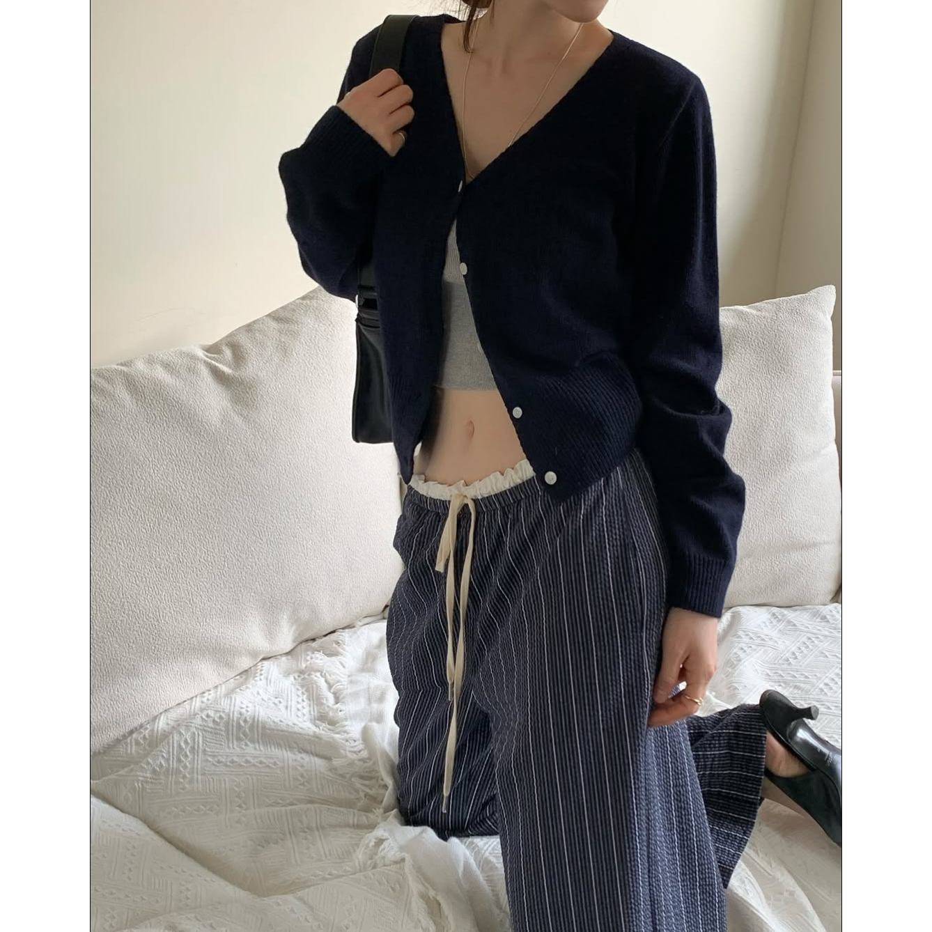 배색 루즈핏 일자 와이드 팬츠 3컬러 스트라이프 허리 밴딩 봄신상 바지 개강룩 레이어드룩 상세 이미지 16