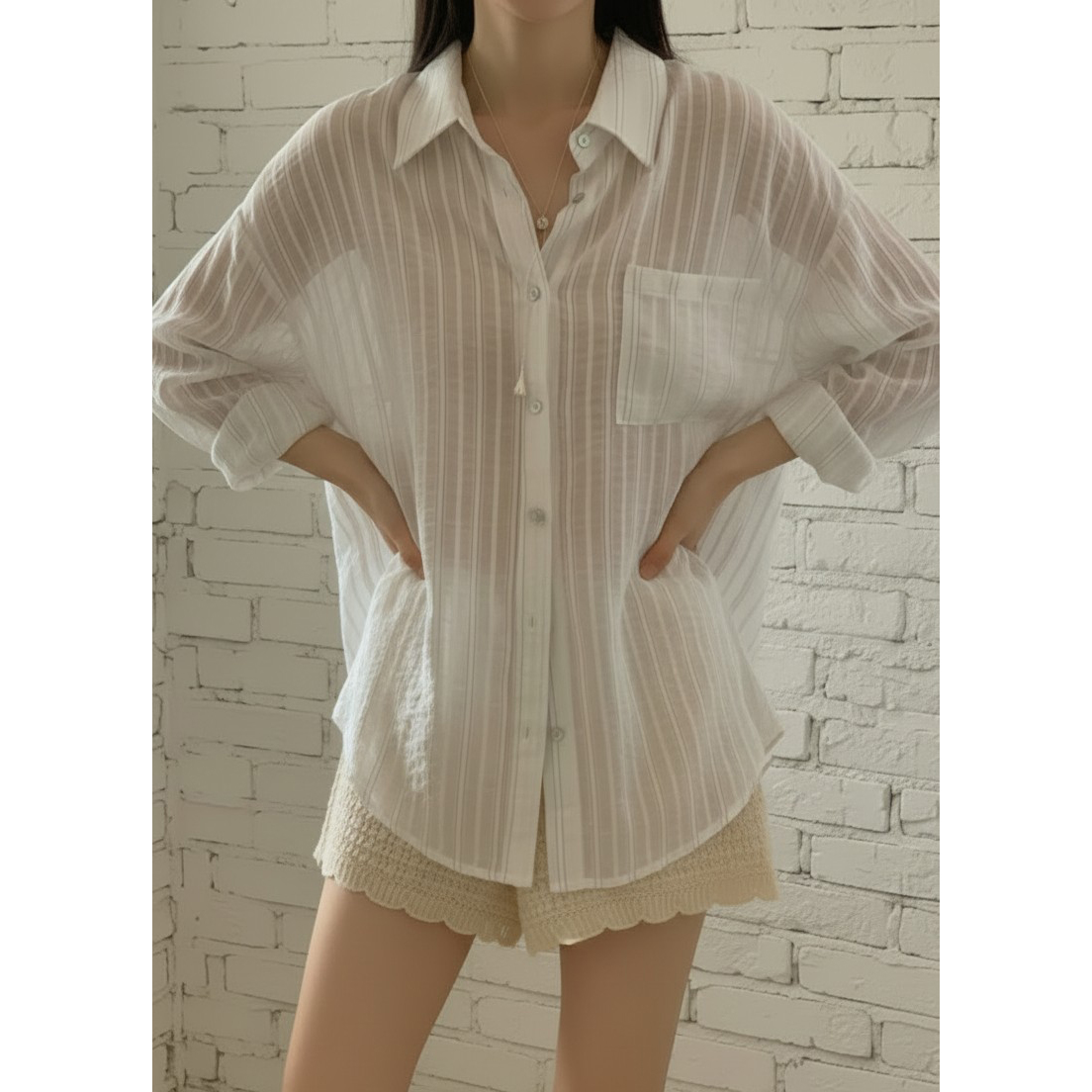 리피 여름 긴팔 스트라이프 시스루 셔츠 남방 살안타템