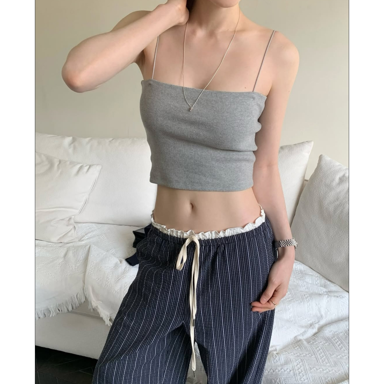 배색 루즈핏 일자 와이드 팬츠 3컬러 스트라이프 허리 밴딩 봄신상 바지 개강룩 레이어드룩 상세 이미지 17