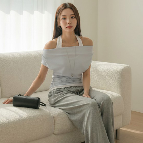 모리 홀터 나시 레이어드 셔링 오프숄더 티셔츠