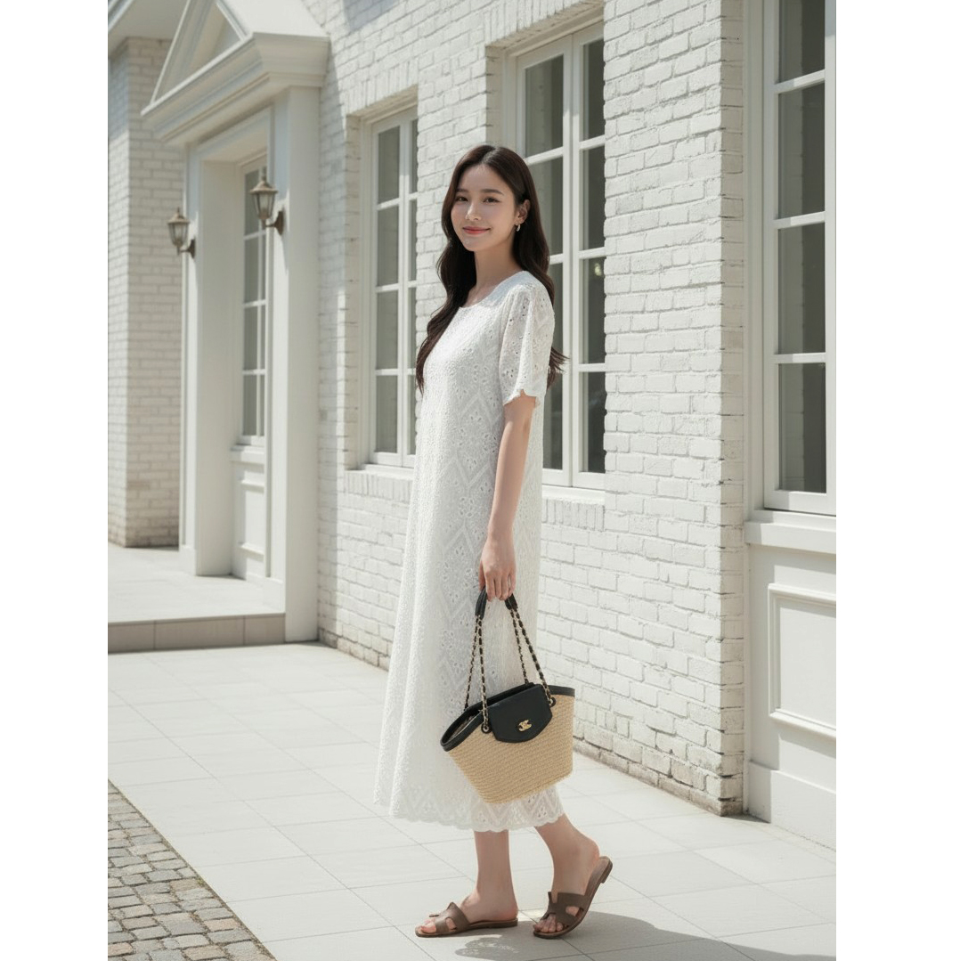 에이미 에이라인 반팔 코튼 펀칭 원피스