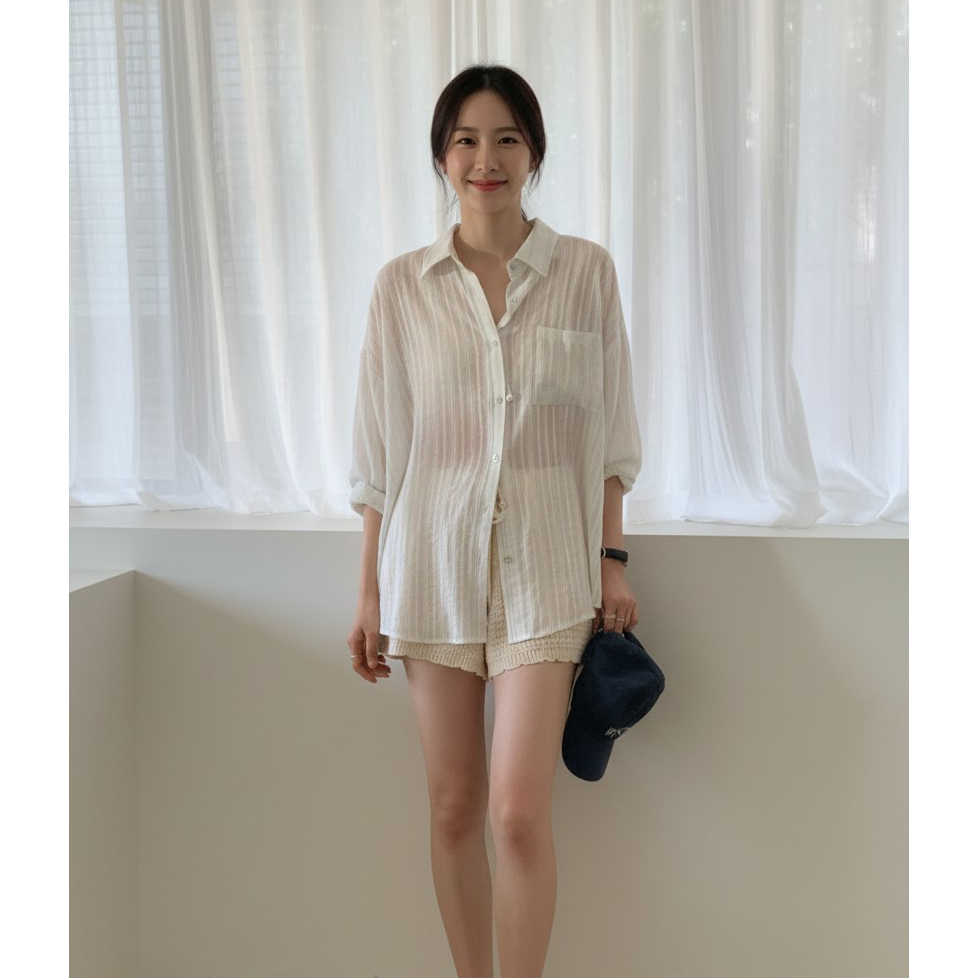 리피 여름 긴팔 스트라이프 시스루 셔츠 남방 살안타템