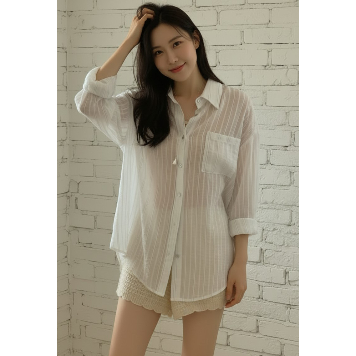 리피 여름 긴팔 스트라이프 시스루 셔츠 남방 살안타템