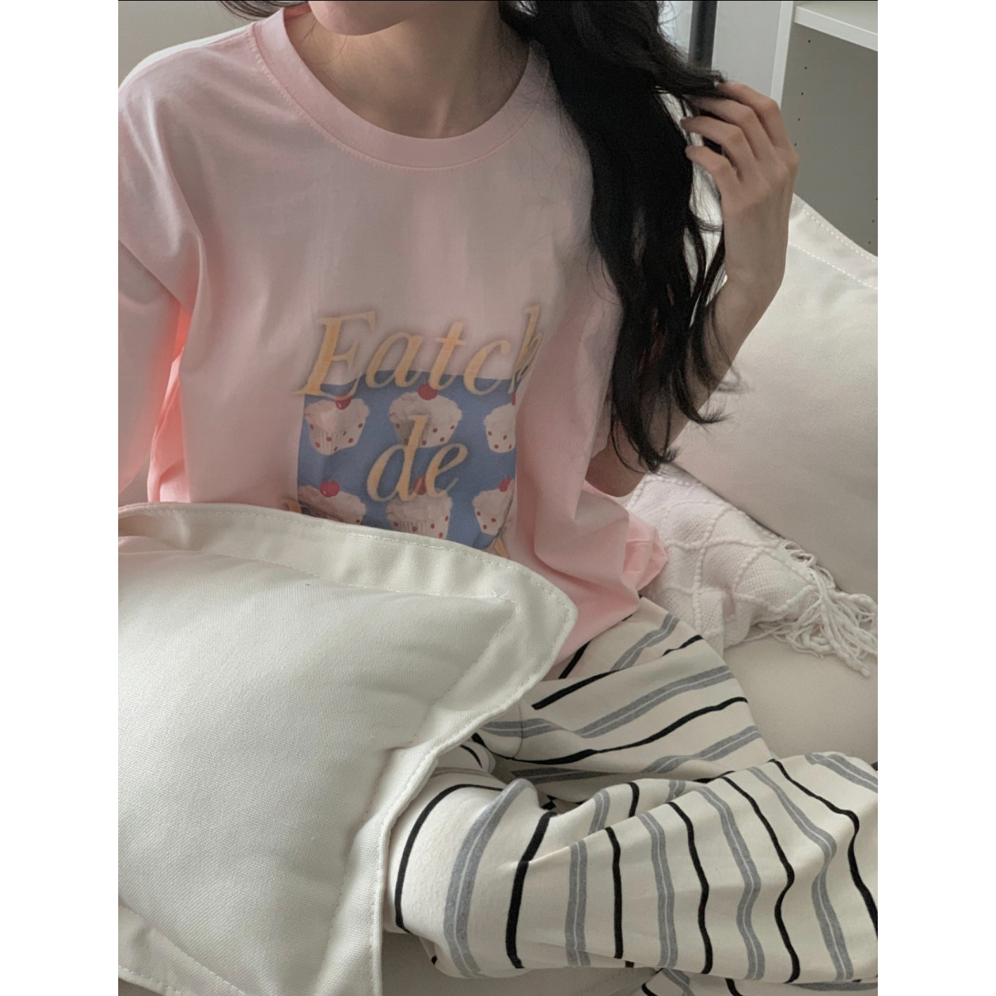 컵케이크 포토 나염 반팔 루즈핏 박스티