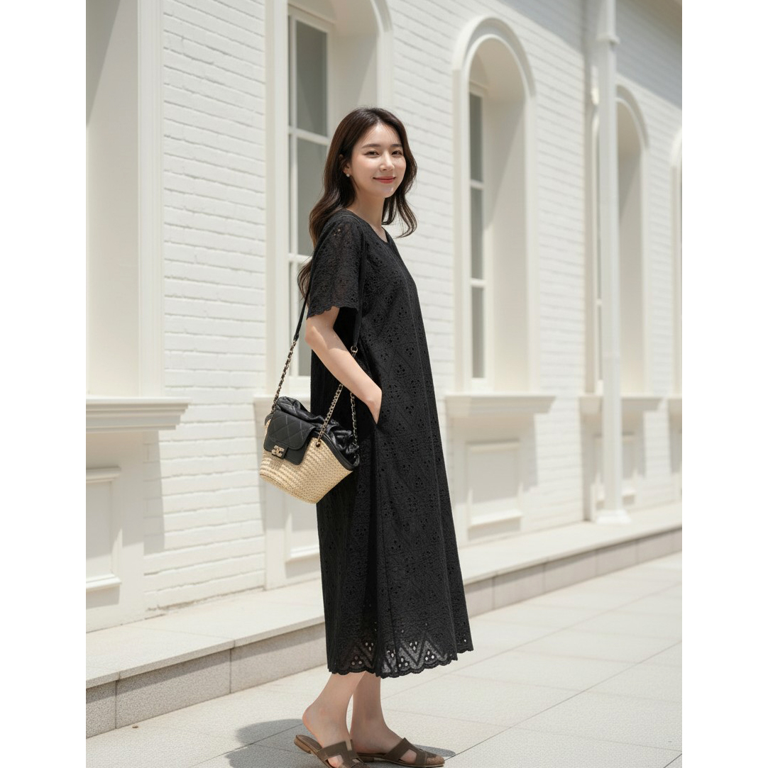 에이미 에이라인 반팔 코튼 펀칭 원피스
