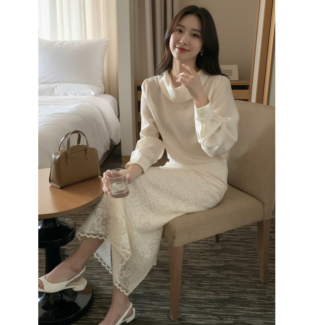 네모 자수 레이스 에이치 라인 롱스커트