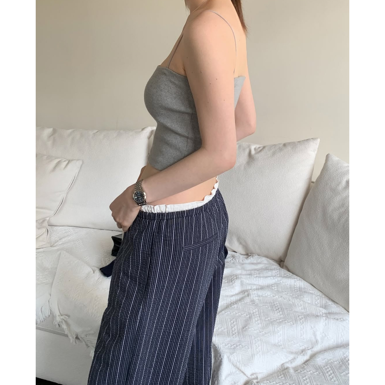 배색 루즈핏 일자 와이드 팬츠 3컬러 스트라이프 허리 밴딩 봄신상 바지 개강룩 레이어드룩 상세 이미지 39