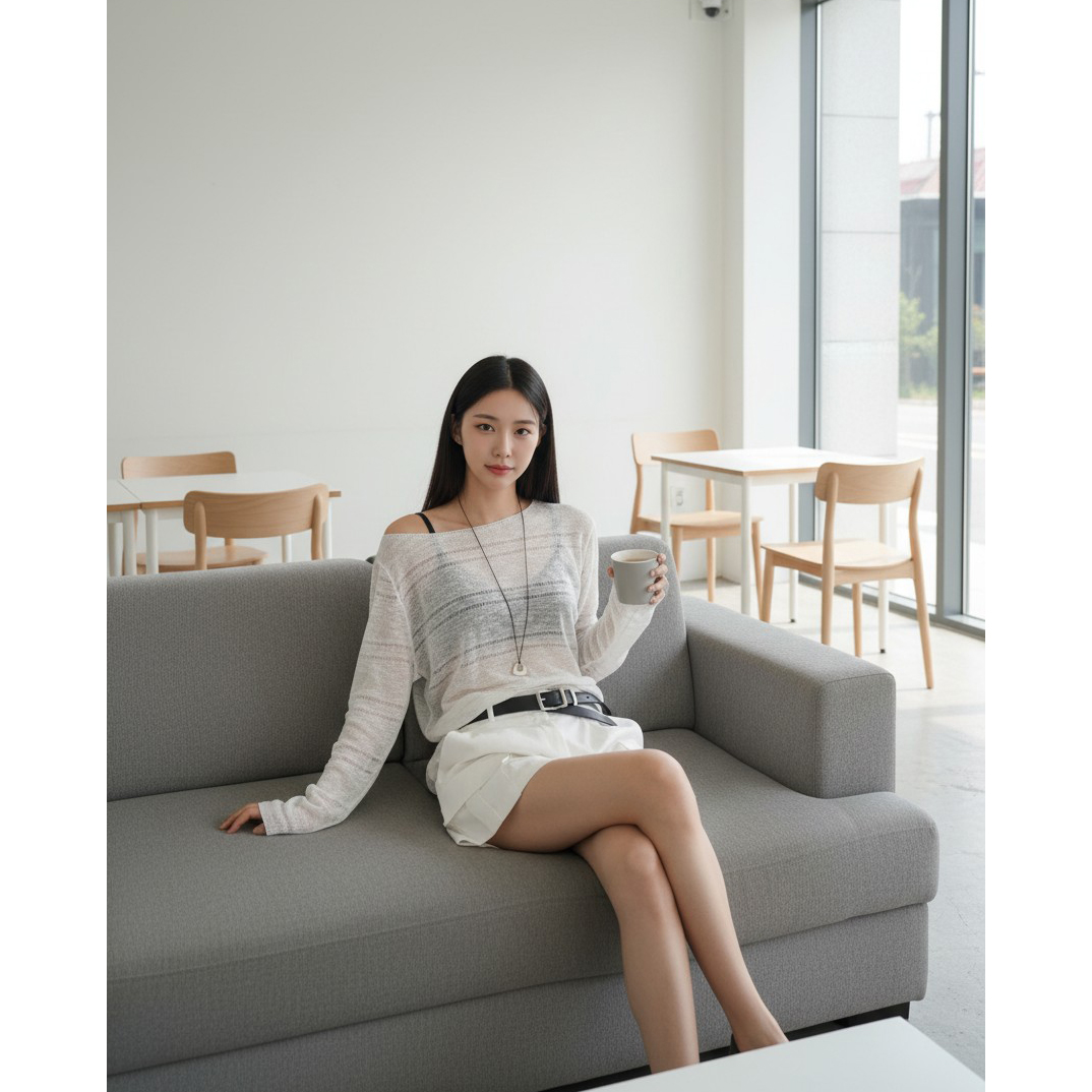 스카이 시스루 보트넥 레이어드 니트