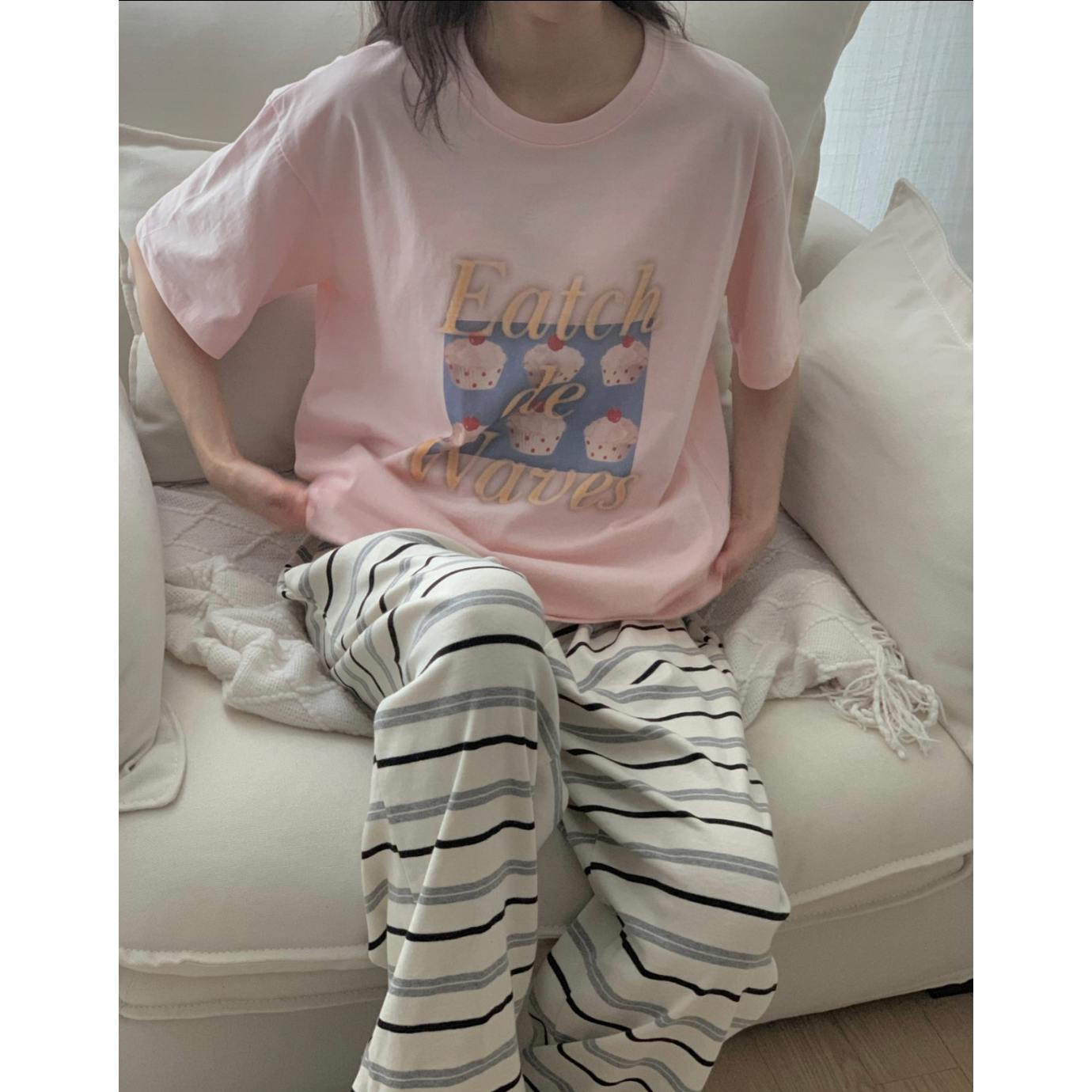 컵케이크 포토 나염 반팔 루즈핏 박스티