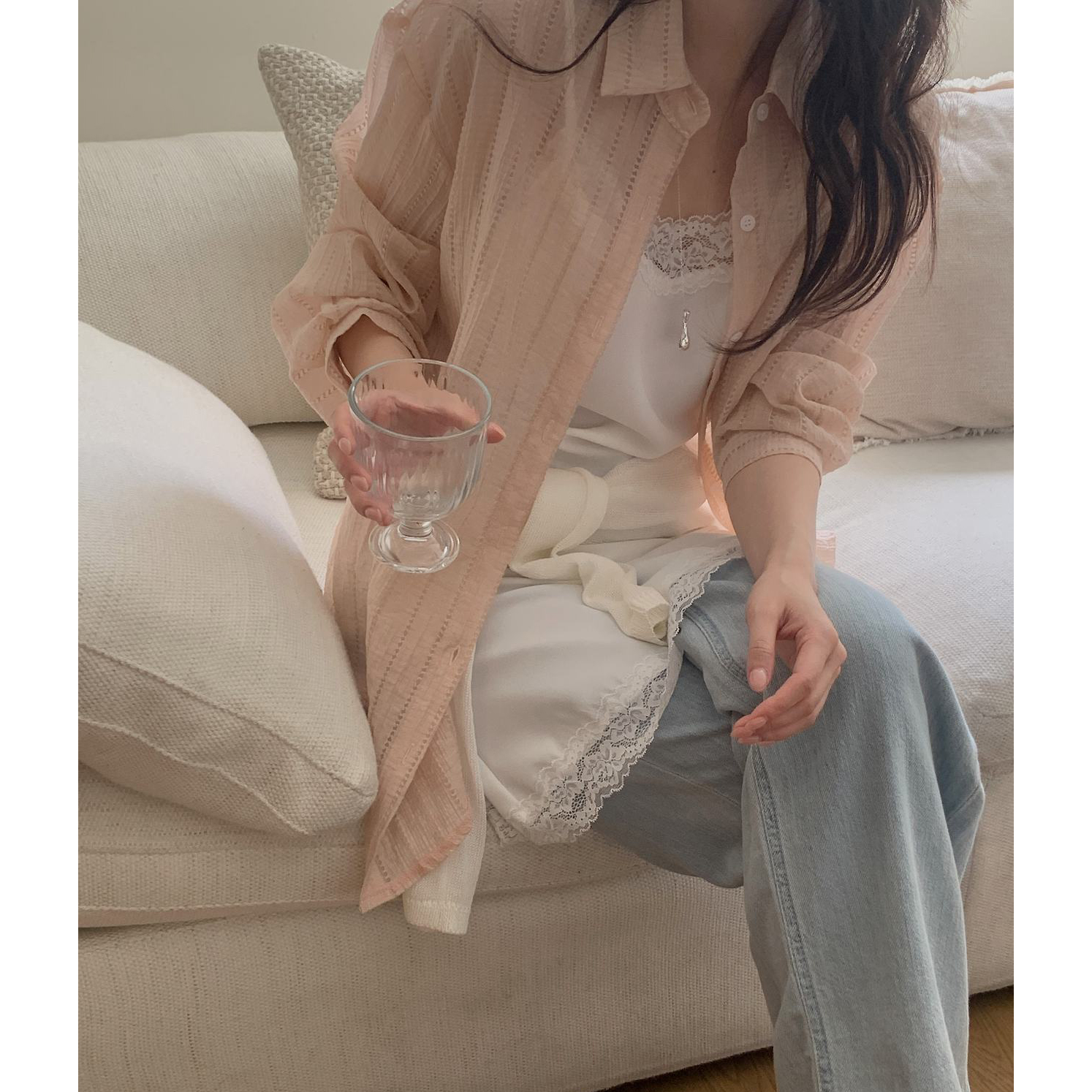 포모 여름 긴팔 시스루 펀칭 루즈핏 셔츠 살안타템