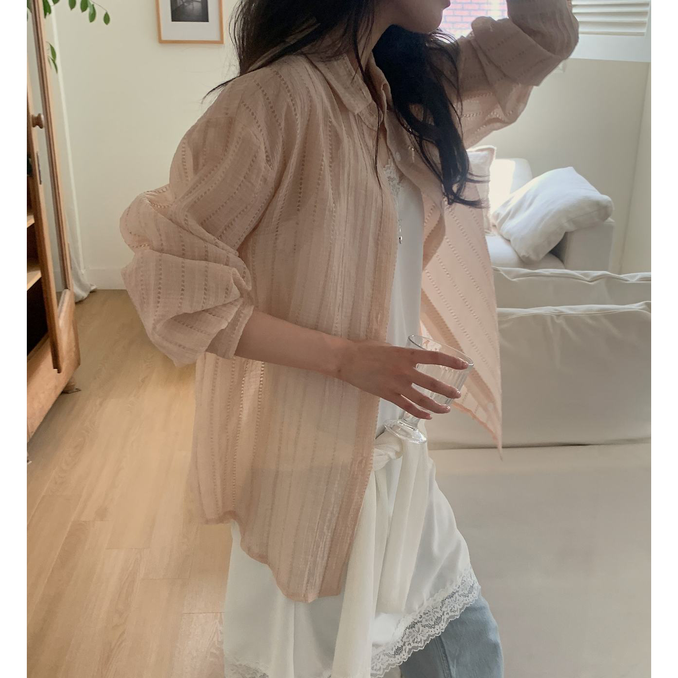 포모 여름 긴팔 시스루 펀칭 루즈핏 셔츠 살안타템
