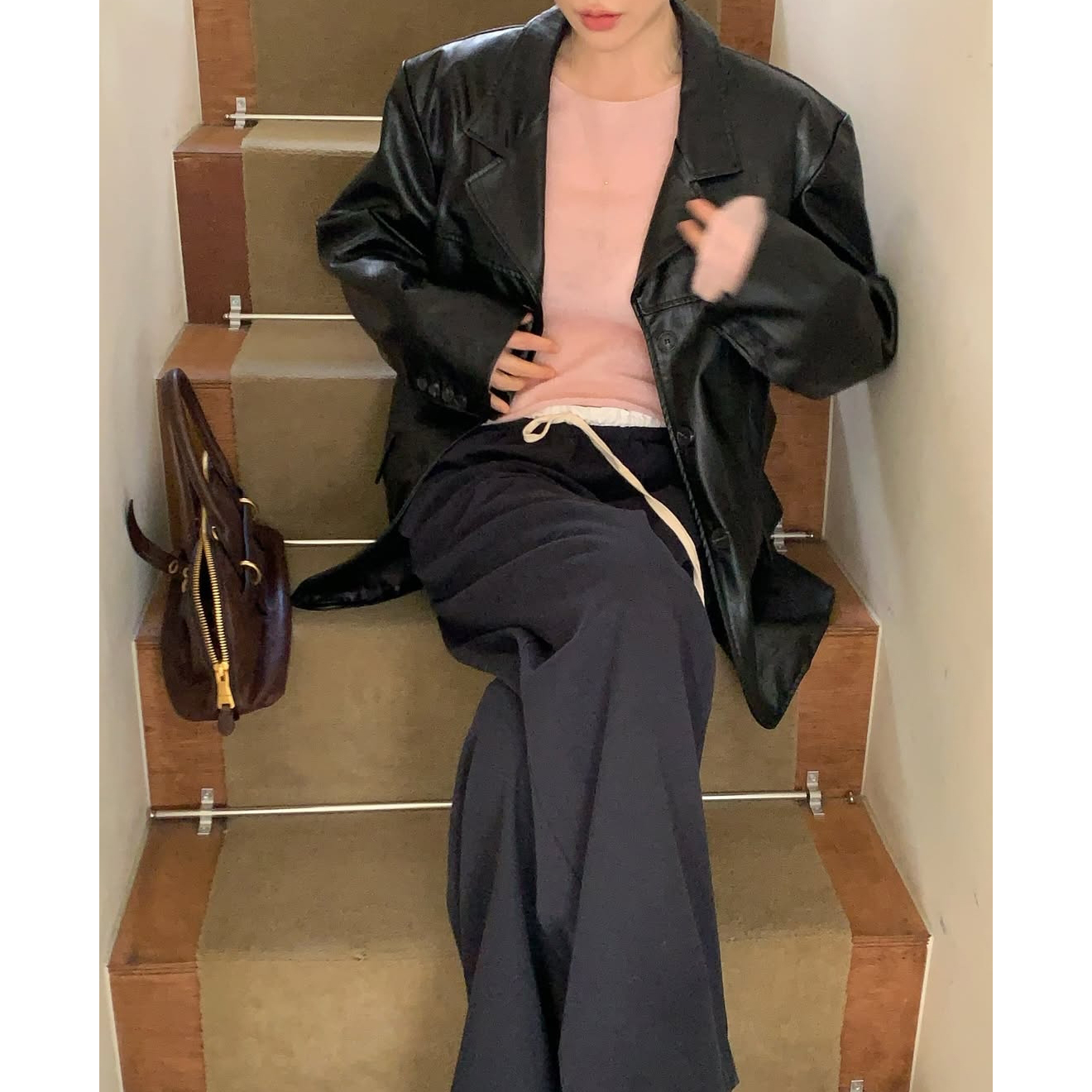 배색 루즈핏 일자 와이드 팬츠 3컬러 스트라이프 허리 밴딩 봄신상 바지 개강룩 레이어드룩 상세 이미지 11