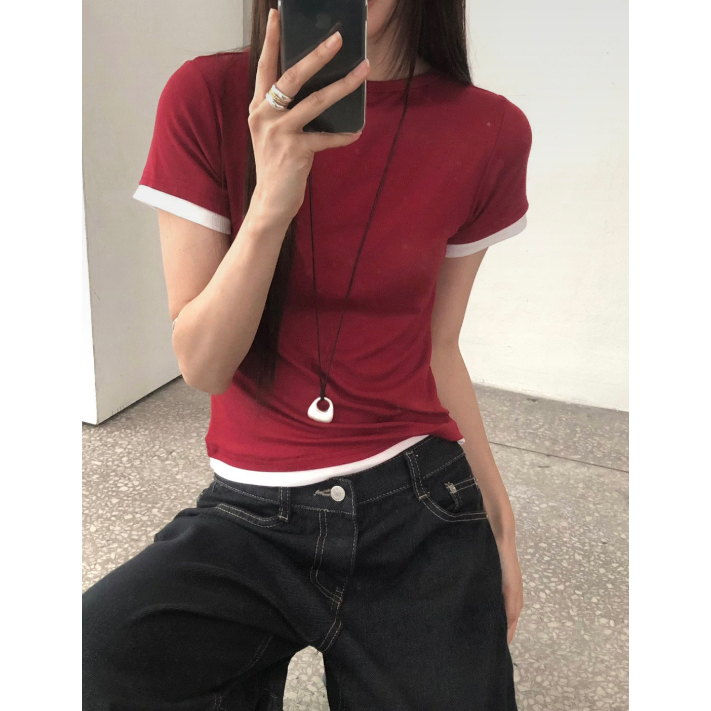 블랏 레이어드 스타일 배색 슬림핏 반팔 스판 티셔츠