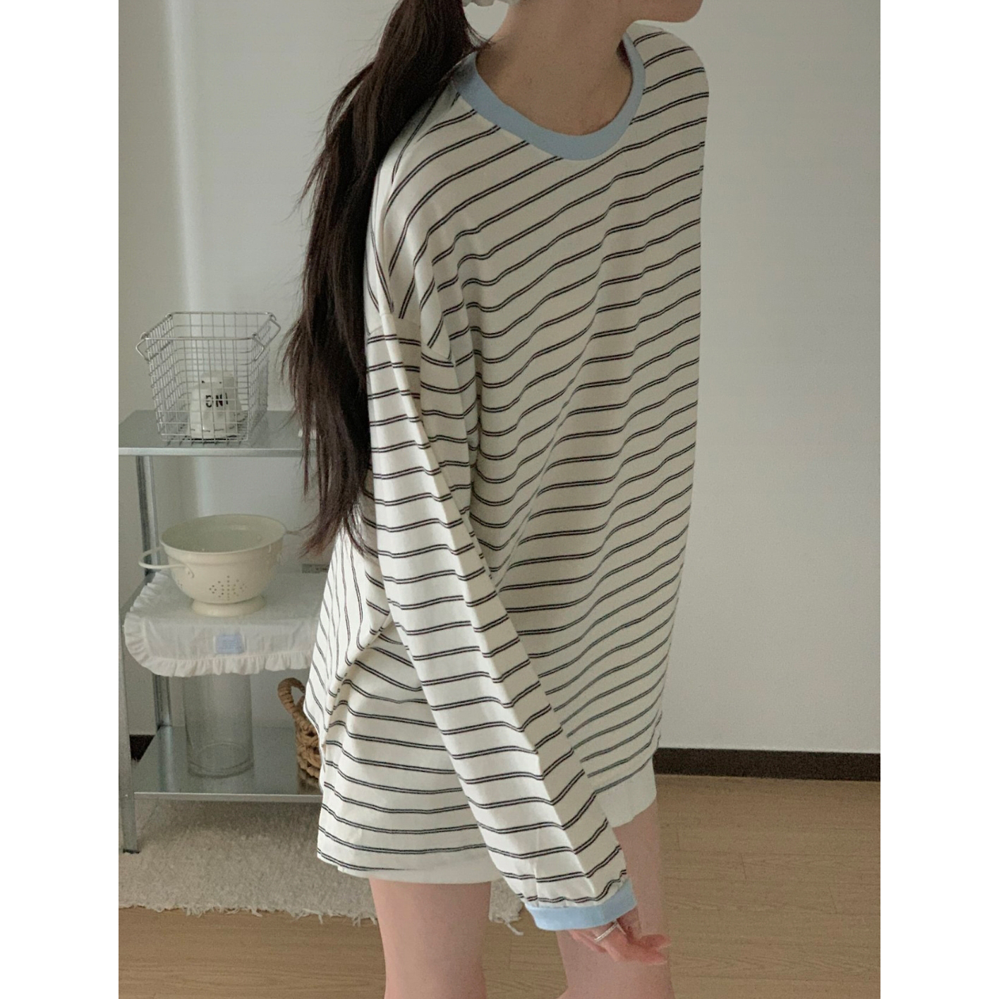 캐주얼 배색 단가라 루즈핏 박스티