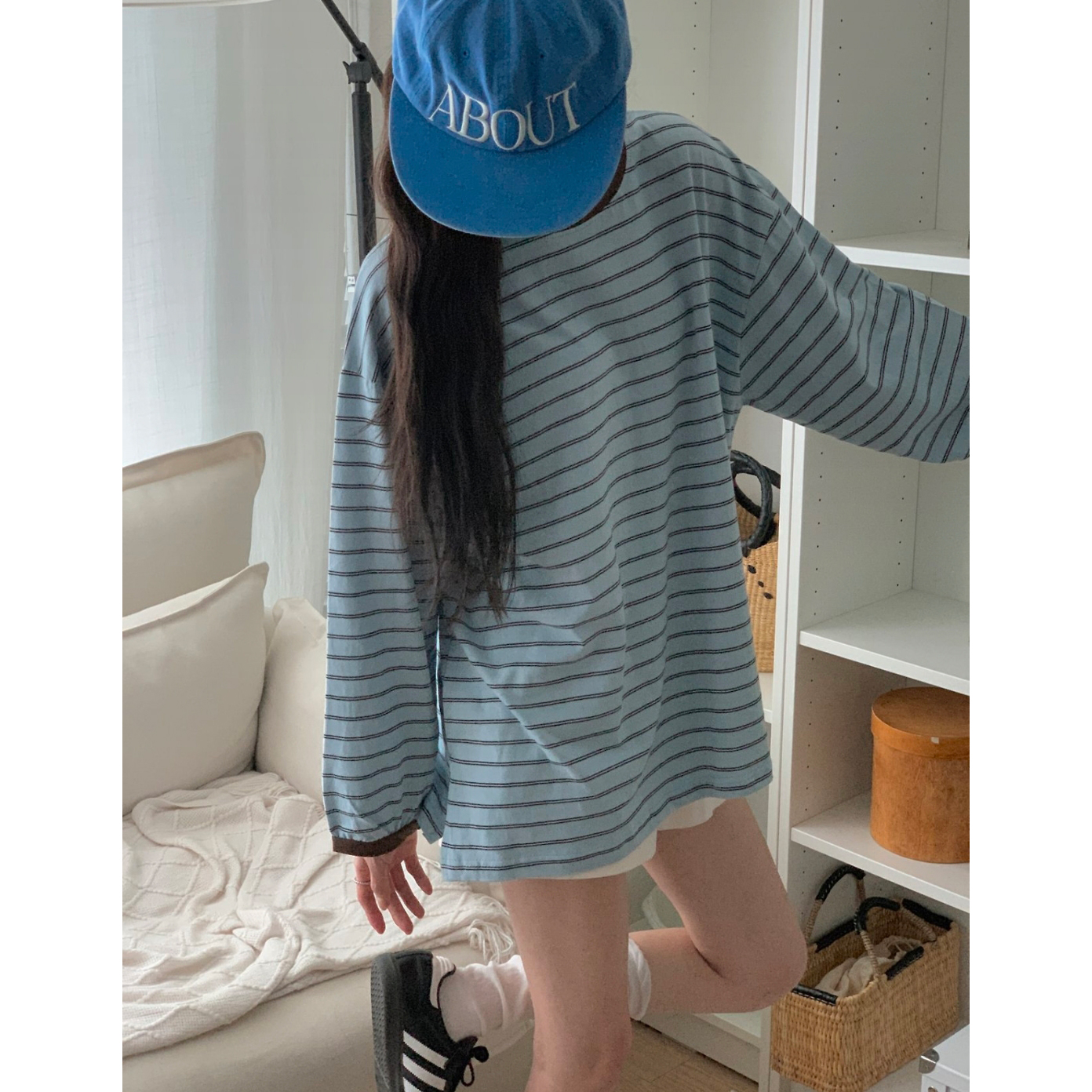 캐주얼 배색 단가라 루즈핏 박스티