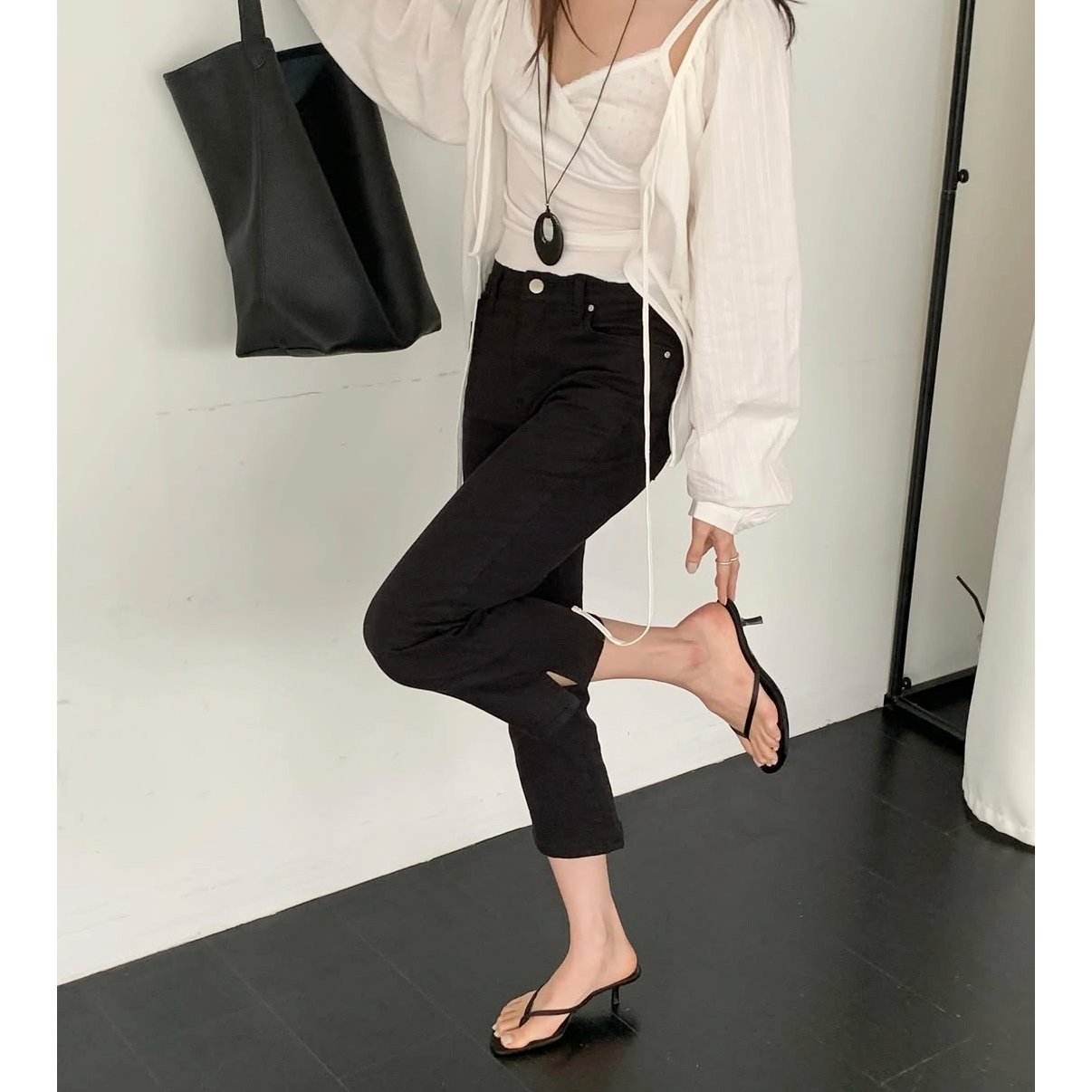 카프리 스판 데님 8부 블랙진 화이트진
