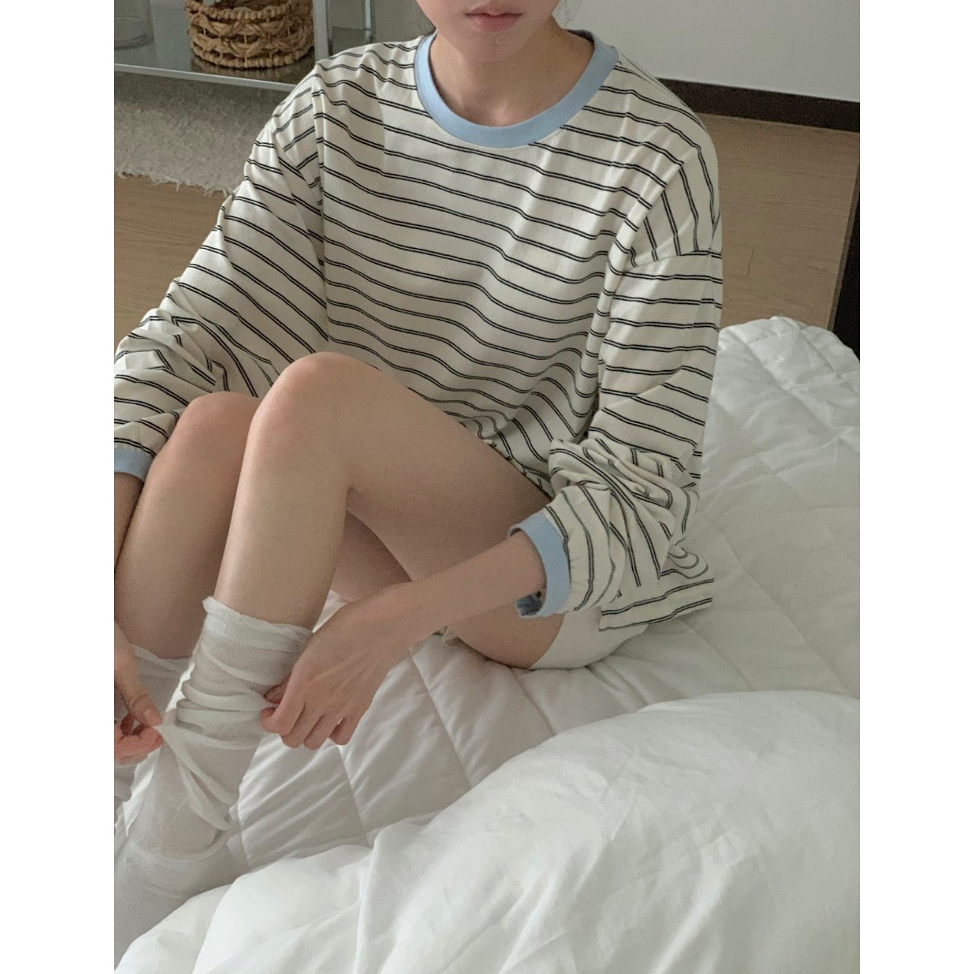 캐주얼 배색 단가라 루즈핏 박스티