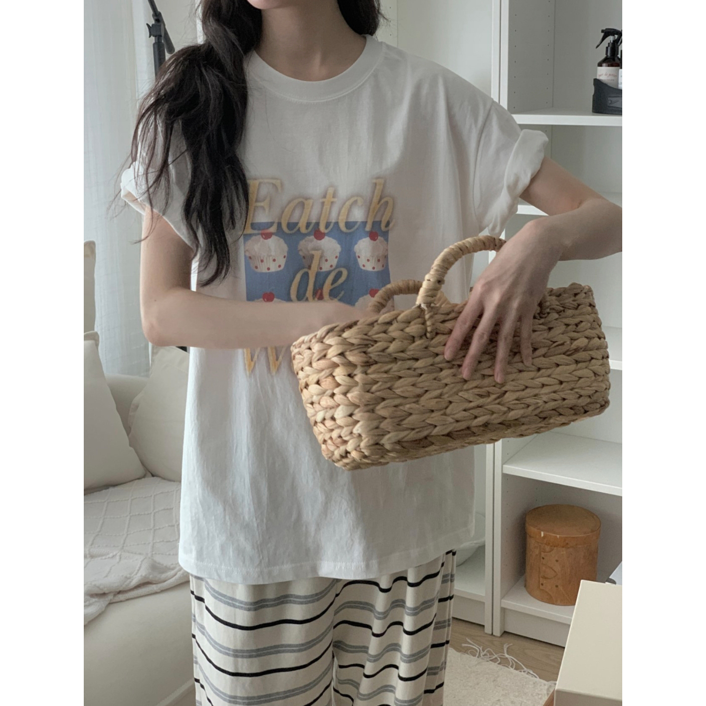 컵케이크 포토 나염 반팔 루즈핏 박스티