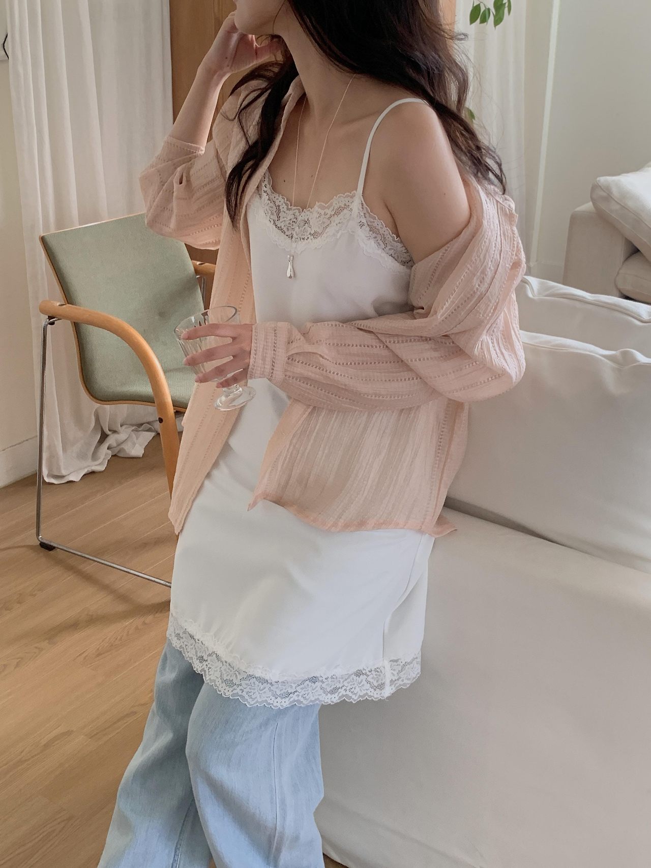 포모 여름 긴팔 시스루 펀칭 루즈핏 셔츠 살안타템