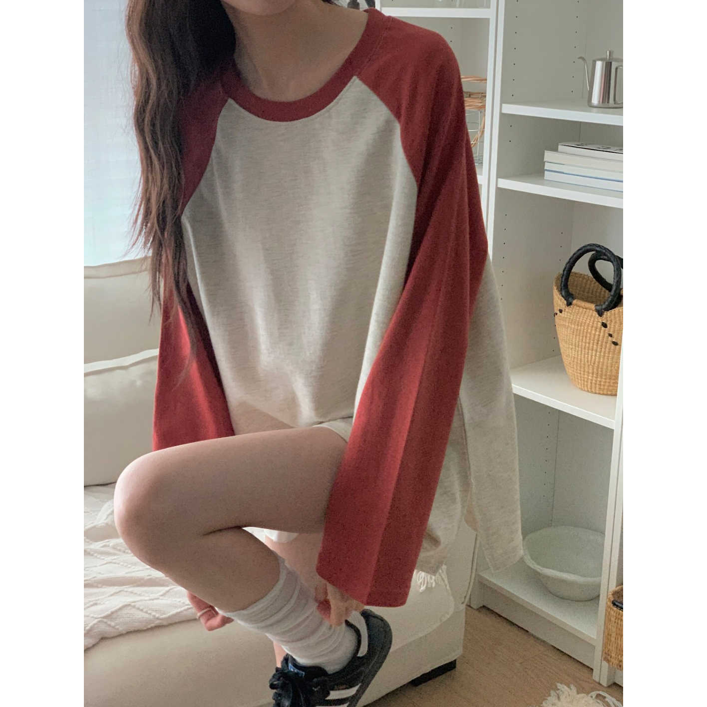 엘리 배색 나그랑 루즈핏 티셔츠 박스티