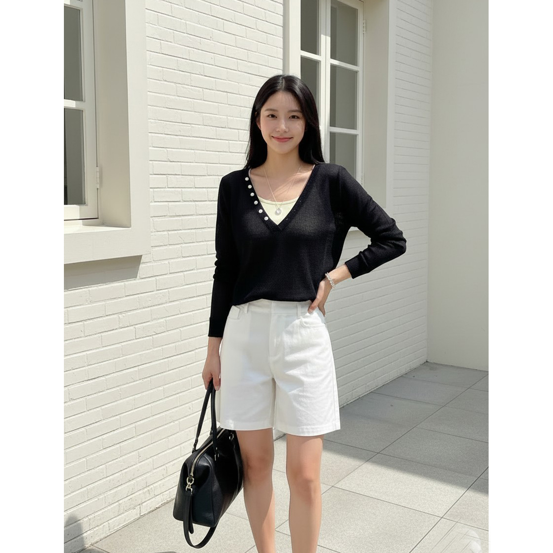 버튼 딥브이넥 긴팔 가디건