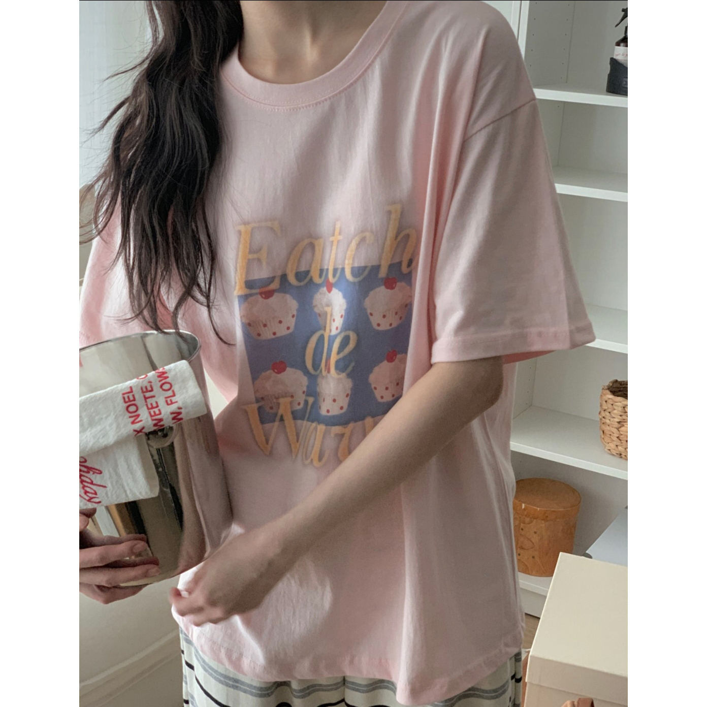 컵케이크 포토 나염 반팔 루즈핏 박스티