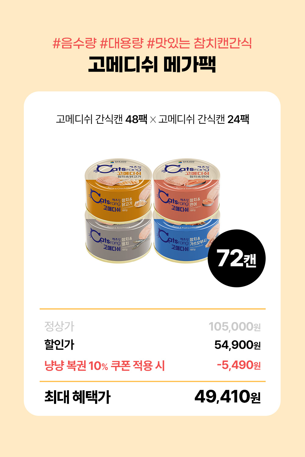 [메가팩] 캐츠랑 고메디쉬 간식캔 160g 72캔