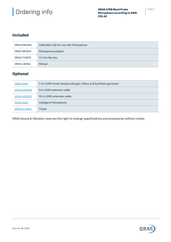 GRAS 67SB ANSI S12.42 기준 폭발 탐지 마이크