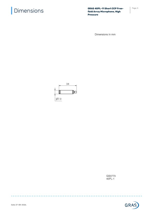 GRAS 40PL-11 짧은 CCP 자유장 배열 마이크, 고압