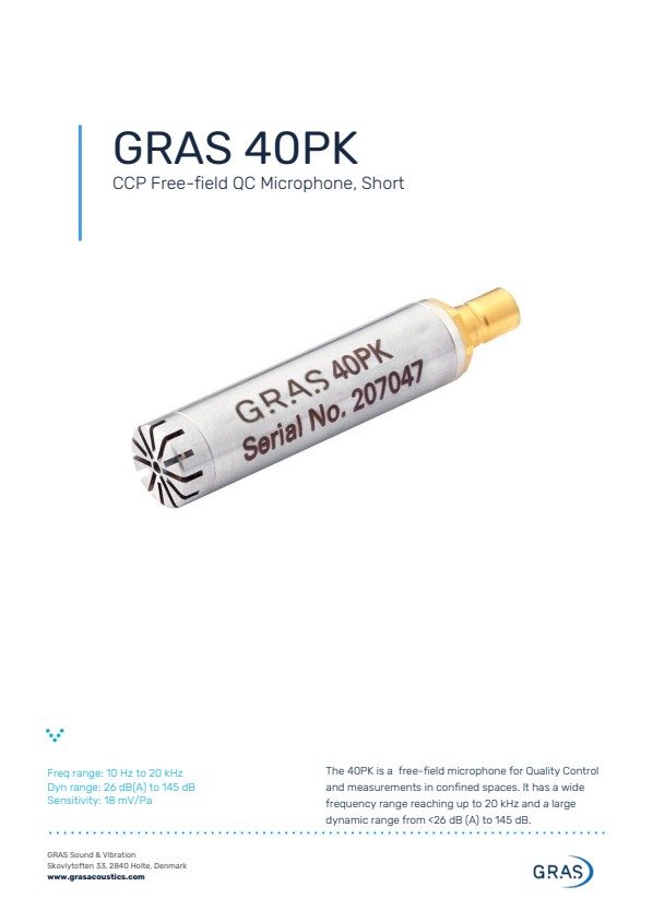 GRAS 40PK CCP 자유음장 QC 마이크, 짧은형
