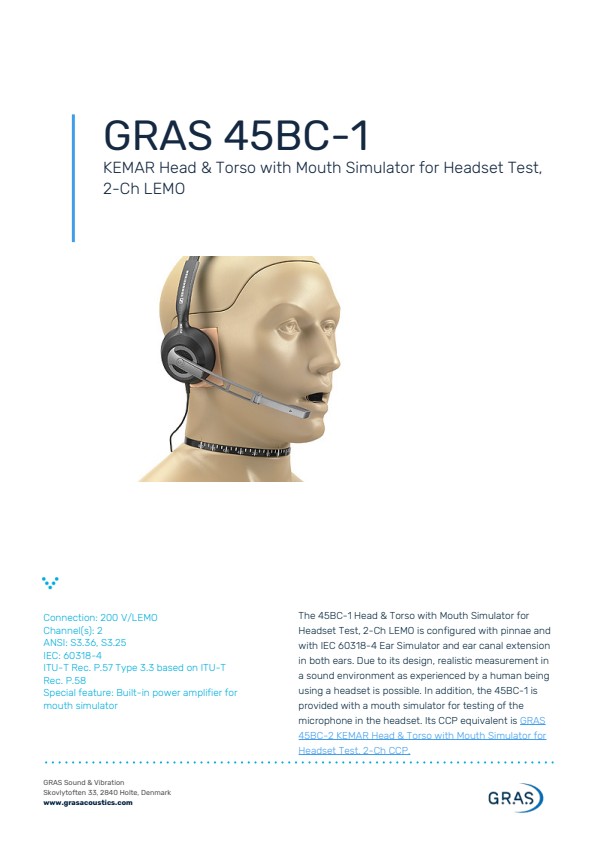 GRAS 45BC-1 헤드셋 테스트용 KEMAR 헤드&토르소, 2채널 LEMO