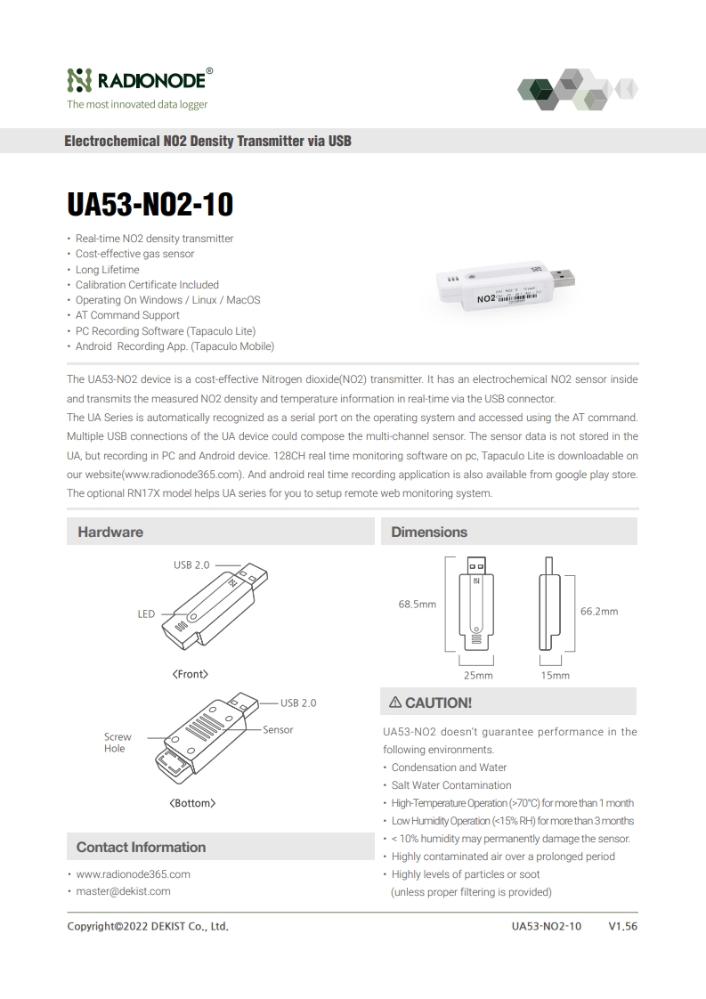 RADIONODE UA53-NO2-10 DAQ 이산화질소 가스 센서