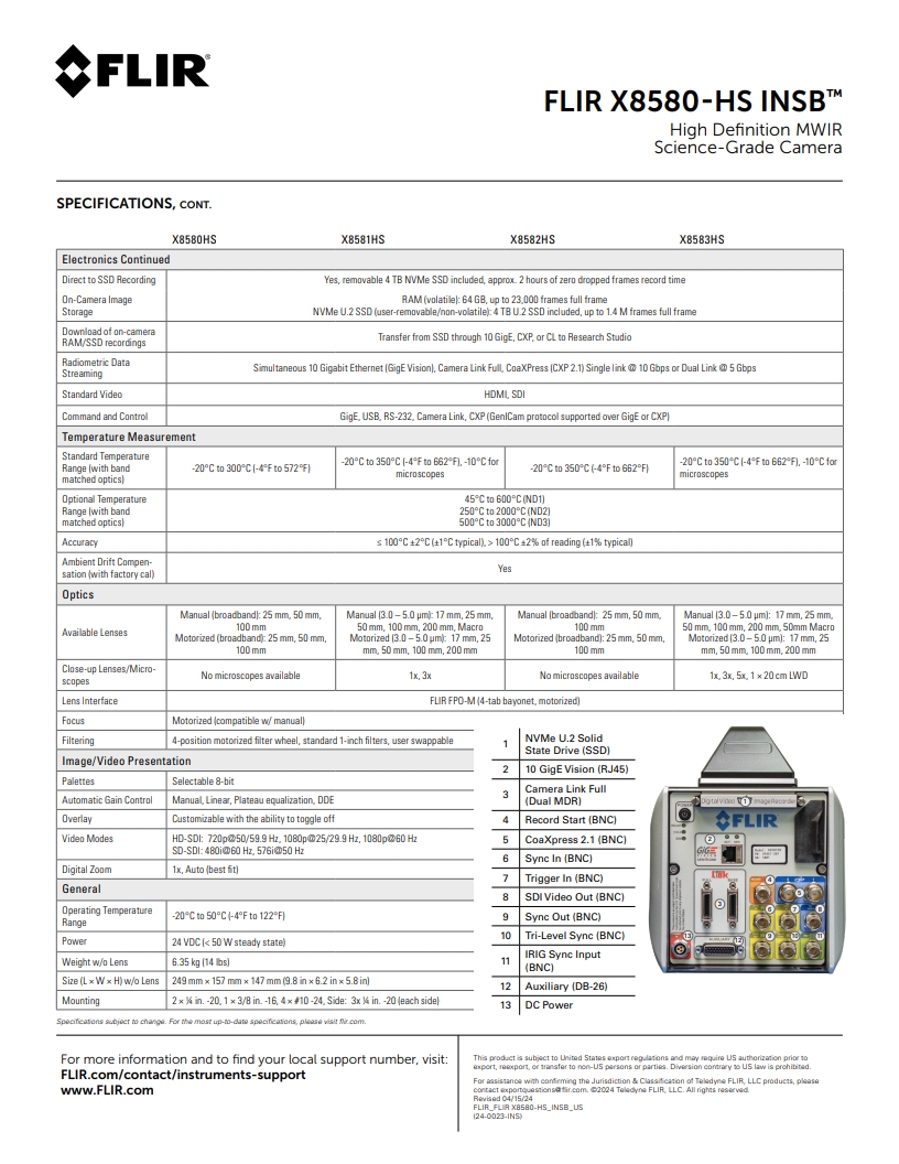 FLIR X8580-HS InSb™ 고화질 MWIR 과학 등급 카메라