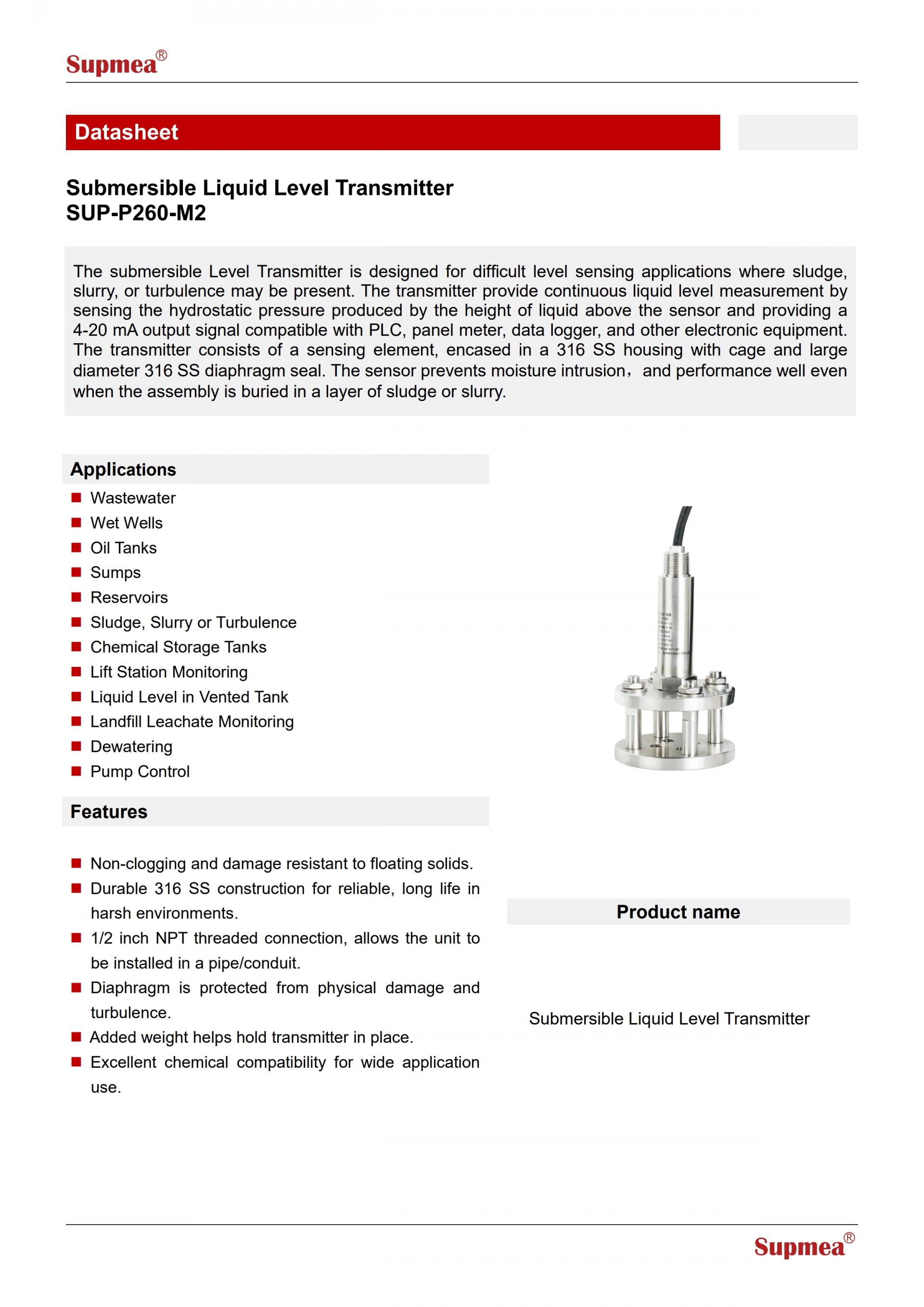 SUPMEA SUP-P260-M2 슬러리 레벨 센서 수중 레벨 트랜스미터