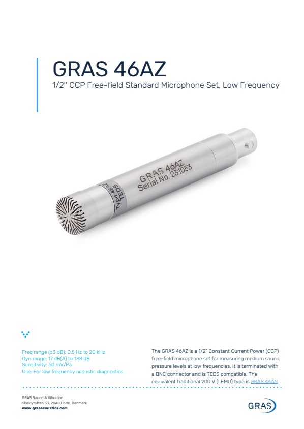 GRAS 46AZ 1/2`` CCP 자유음장 표준 마이크 세트, 저주파수