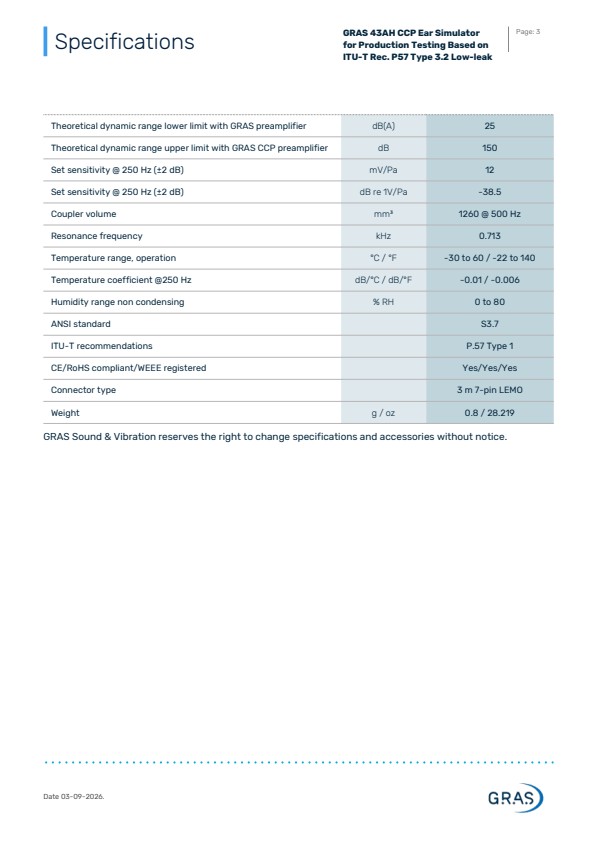 GRAS 43AH ITU-T 권고 P57 유형 3.2 저누출형 생산 테스트용 CCP 귀 시뮬레이터