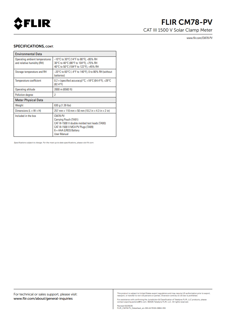 FLIR CM78-PV CAT III 1500V 태양열 클램프 미터