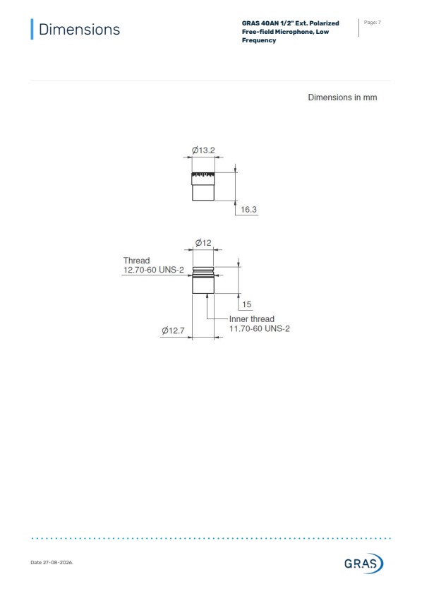 GRAS 40AN 1/2인치 외부 편광 자유장 마이크, 저주파수