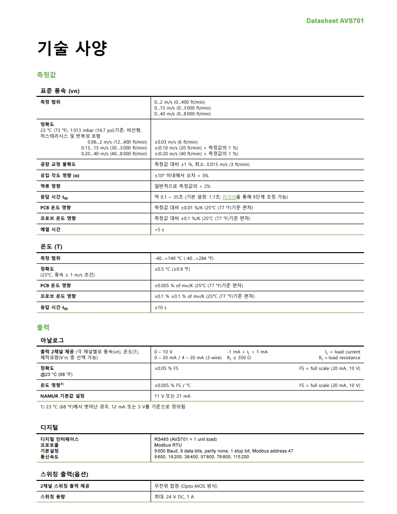 E+E AVS701 산업용 고정밀 풍속 센서(풍속계)