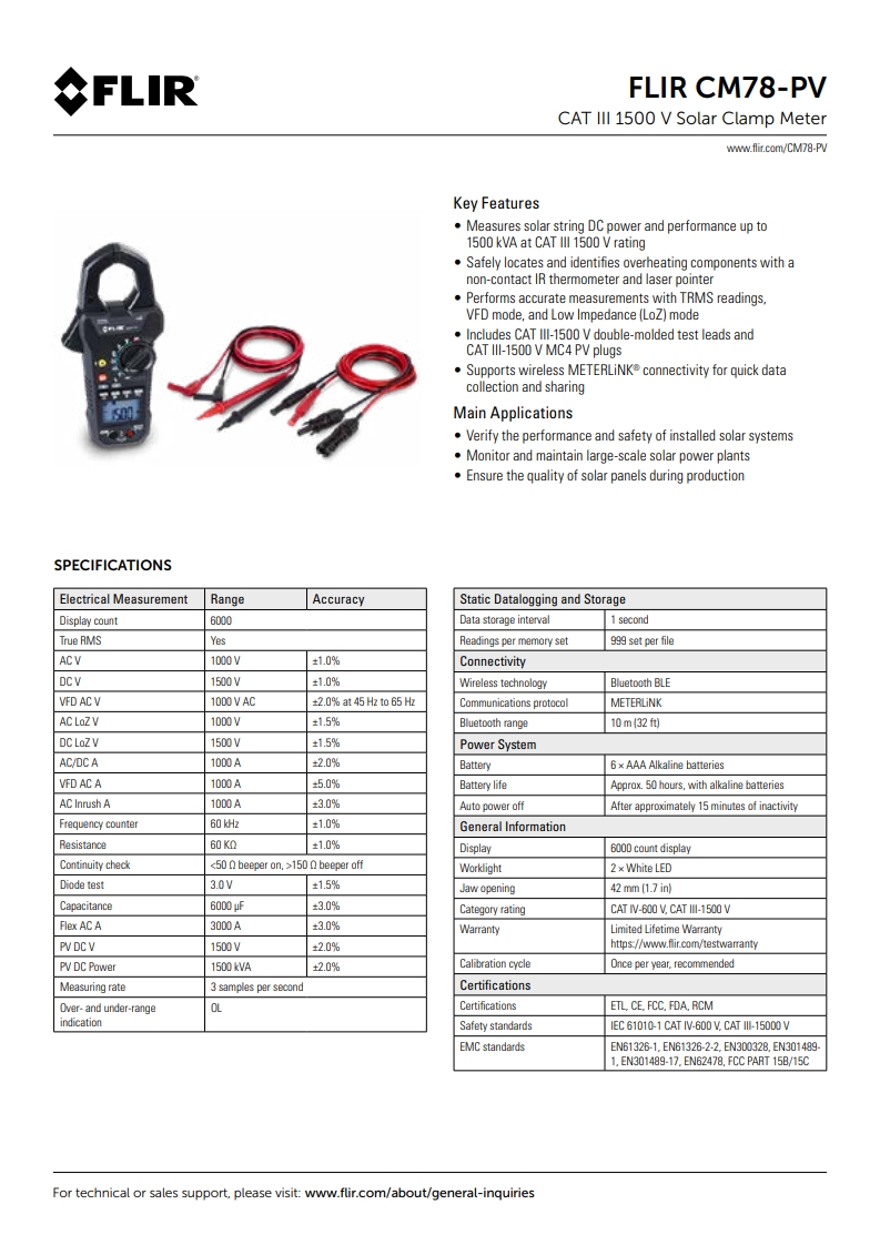 FLIR CM78-PV CAT III 1500V 태양열 클램프 미터
