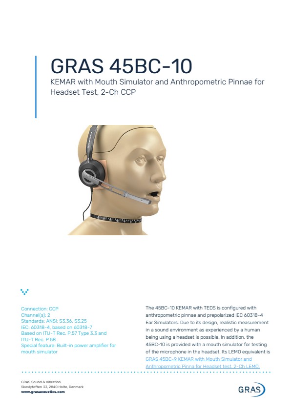 GRAS 45BC-10 헤드셋 테스트용 구강 시뮬레이터 및 인체공학적 귓바퀴 장착 KEMAR, 2채널 CCP