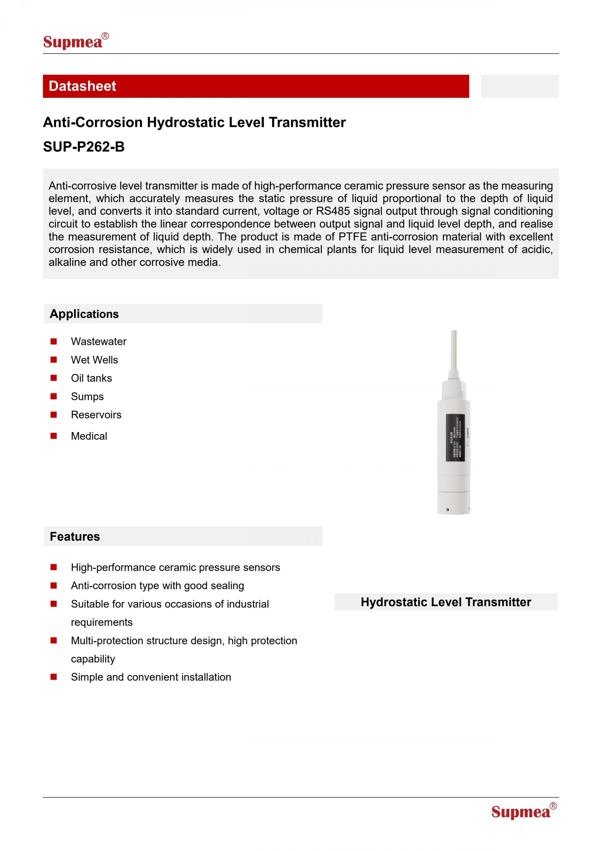 SUPMEA SUP-P262-B PTFE 수중 레벨 측정기
